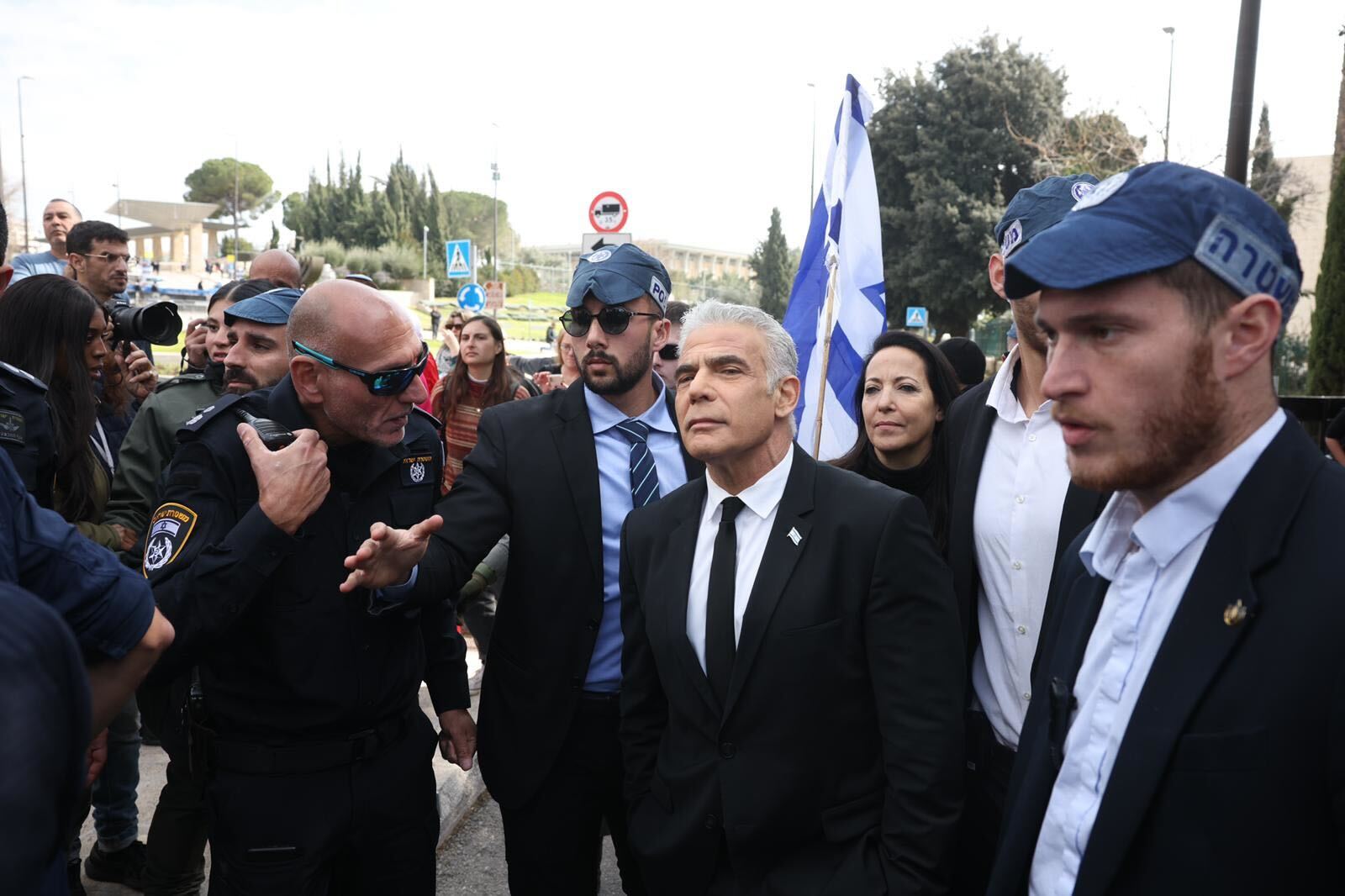 Opposition leader Yair Lapid at the Knesset protest in Jerusalem on 13 February, 2023 (MEE)