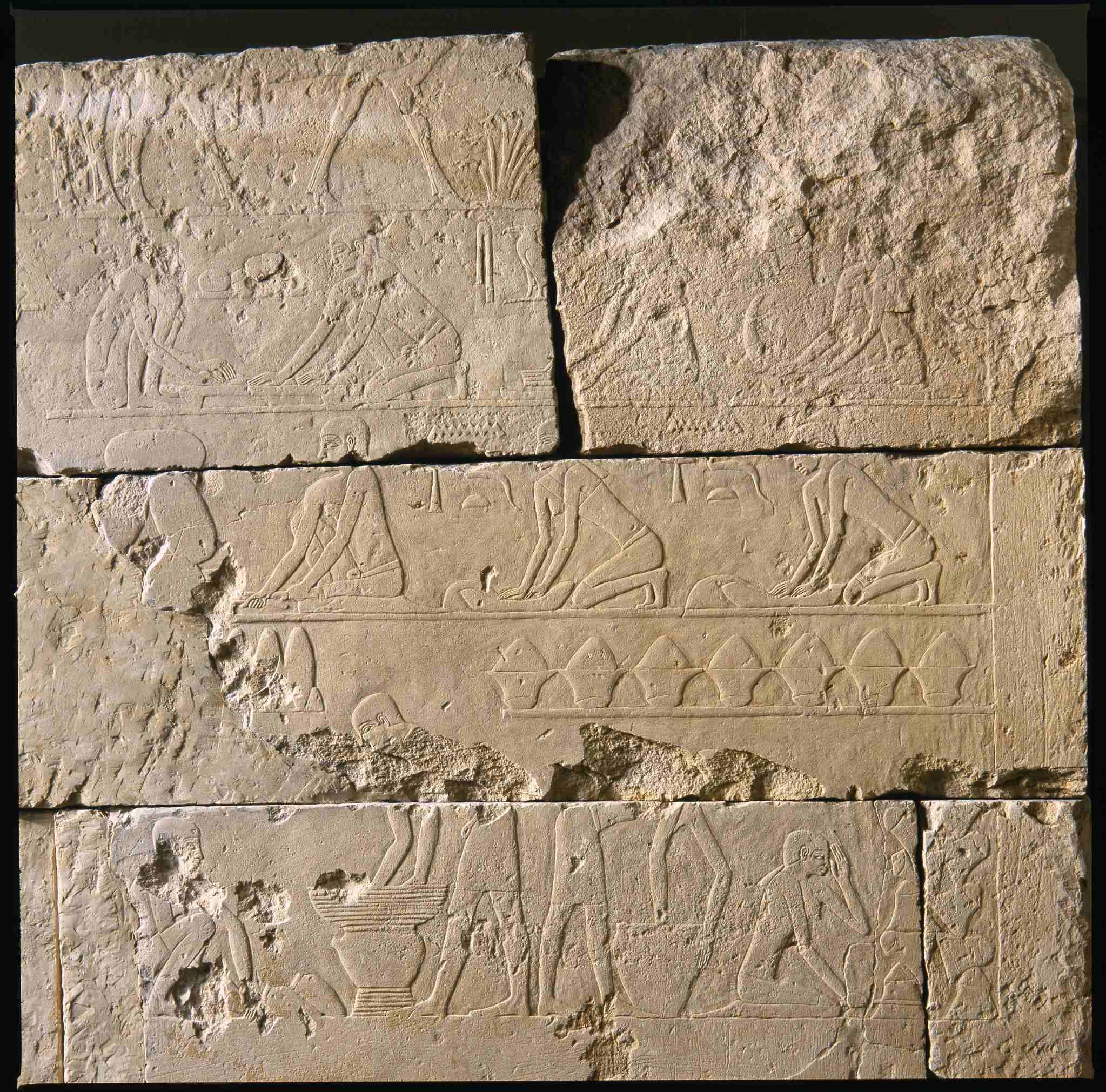 Bread and beer making scene on the north wall of the Tomb Chapel of Raemkai in Saqqara (The Metropolitan Museum of Art)