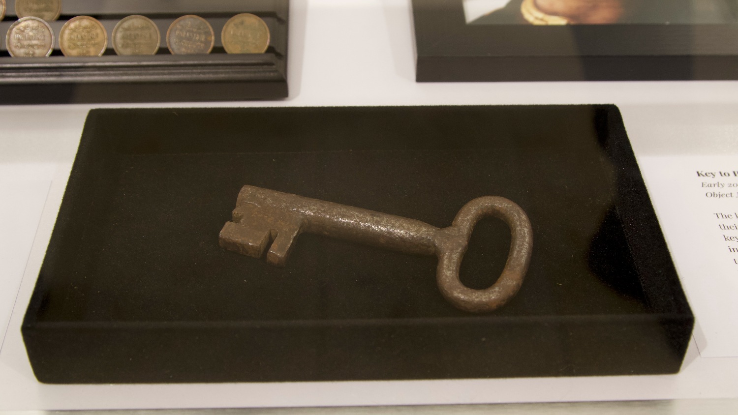 A key to the home of a Palestinian family displaced during the Nakba on display at the Museum of the Palestinian People in Washington.