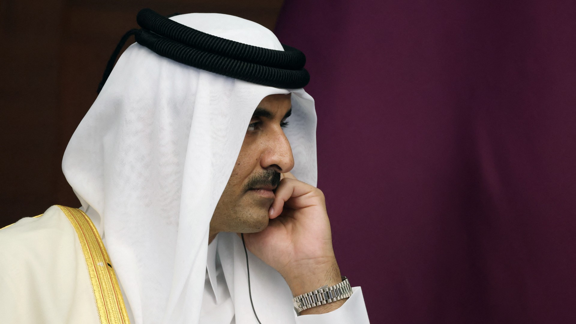 Qatari Emir Sheikh Tamim bin Hamad Al-Thani  in Astana on October 13, 2022.