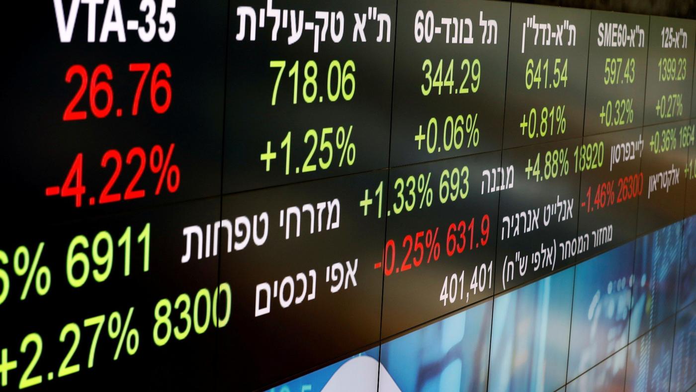 Market data is seen on part of an electronic board displayed at the Tel Aviv Stock Exchange, in Tel Aviv, in 2020 (Reuters/file photo)