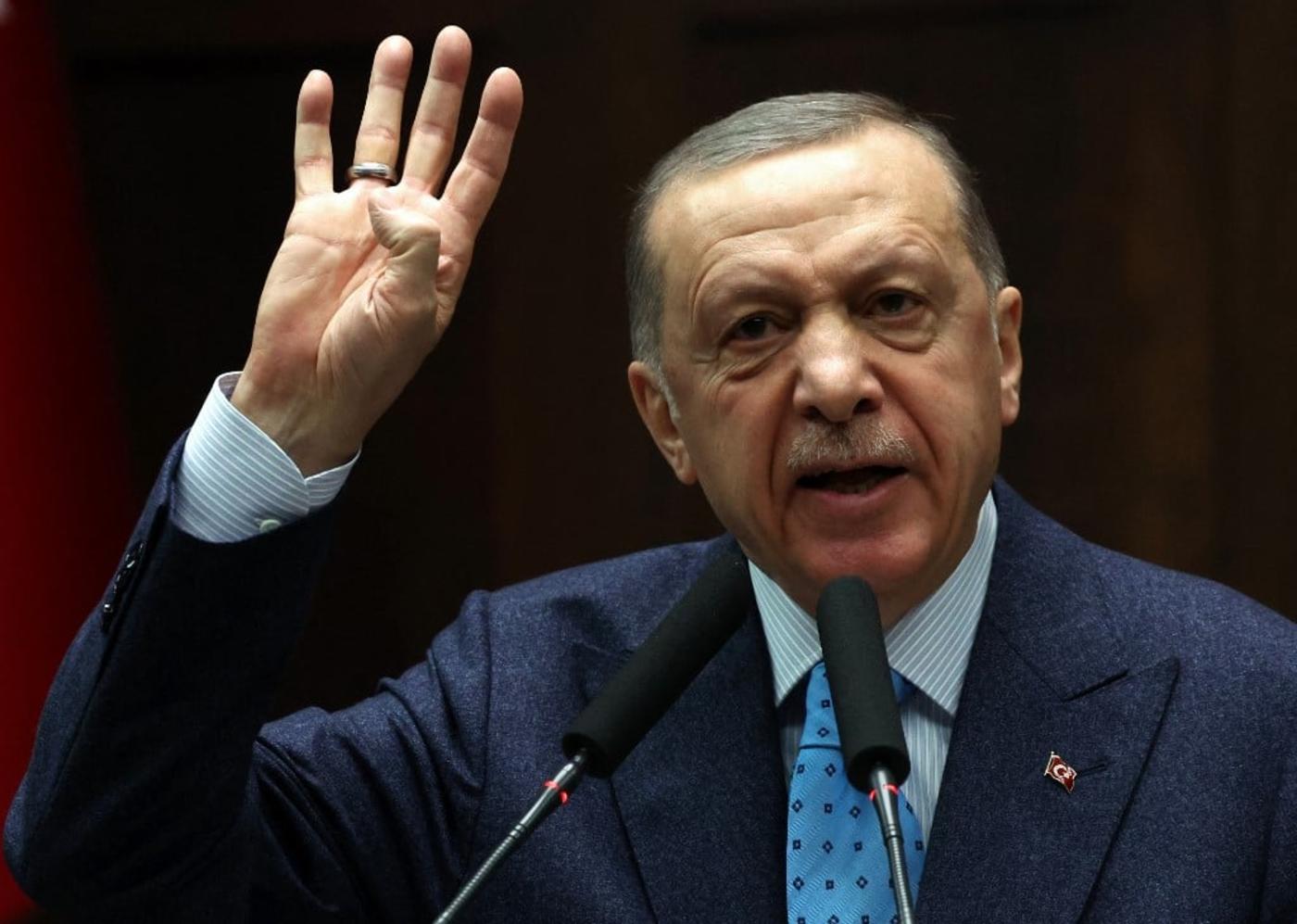 Turkish President Recep Tayyip Erdogan speaks at the Turkish Grand National Assembly in Ankara on 18 January 2023 (AFP)