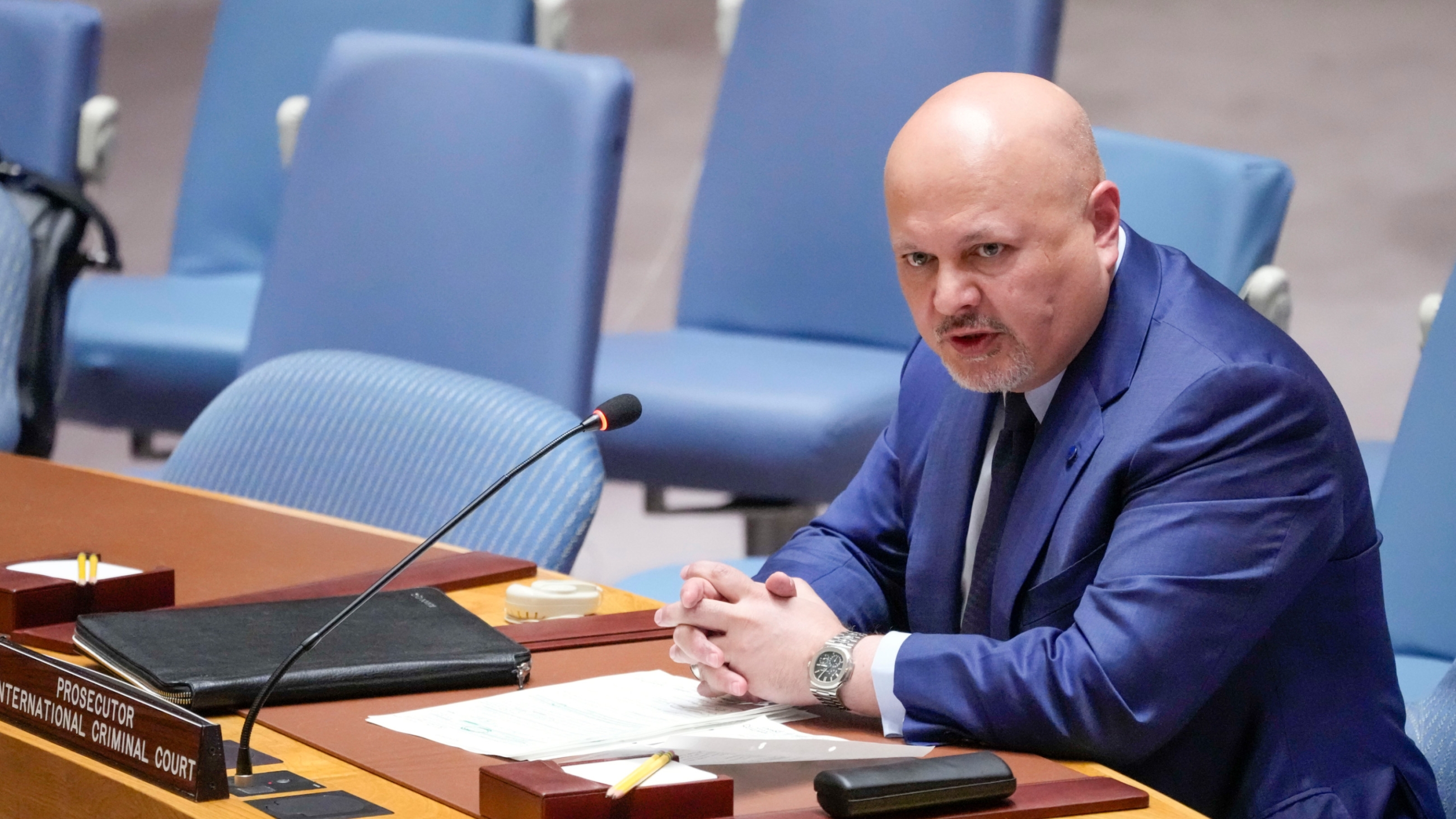 Karim Khan, Prosecutor of International Criminal Court, addresses a Security Council meeting on the situation in Sudan on 13 July 2023, at United Nations headquarters (AP)