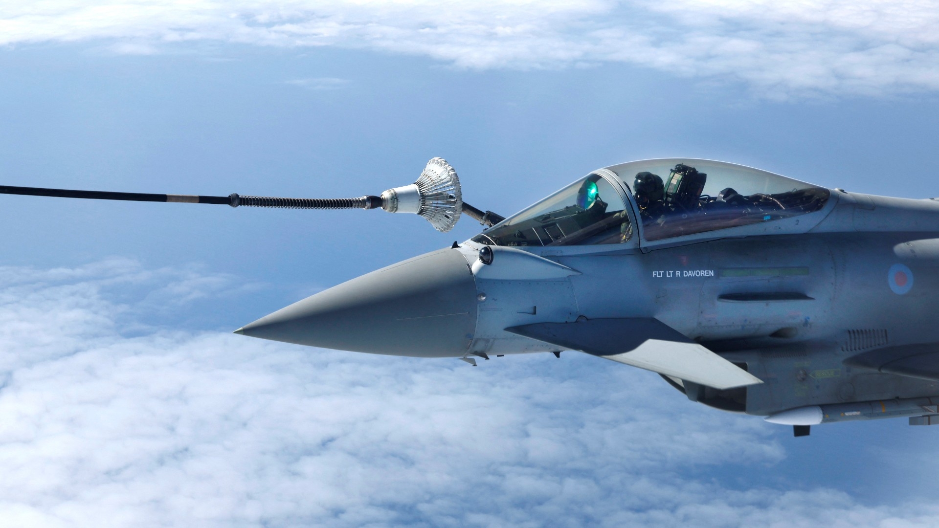 A British Royal Air Force Eurofighter Typhoon refuels in the air during a media day on 4 July 2023.