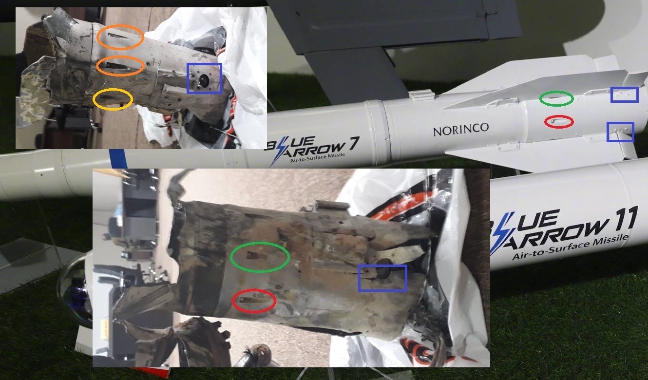 Images showing fragments of the Blue Arrow 7 missiles in Libya compared to a preserved example (Supplied)